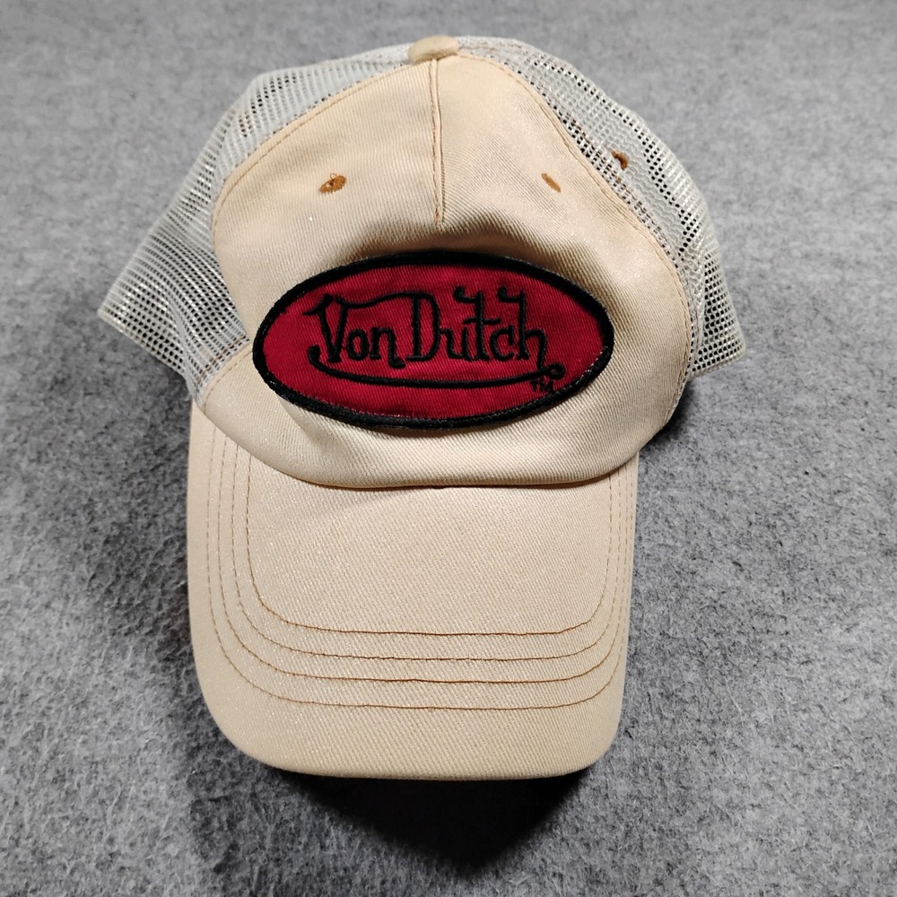 Von Dutch Vintage Y2K Trucker Hat Tan Red Logo Snapback Mesh Cap